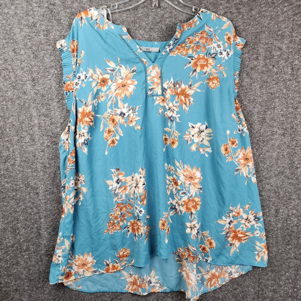 Daniel Rainn Blouse Womens 4X Teal Floral Pleated Ruffle Sleeve V-Neck Boho Top